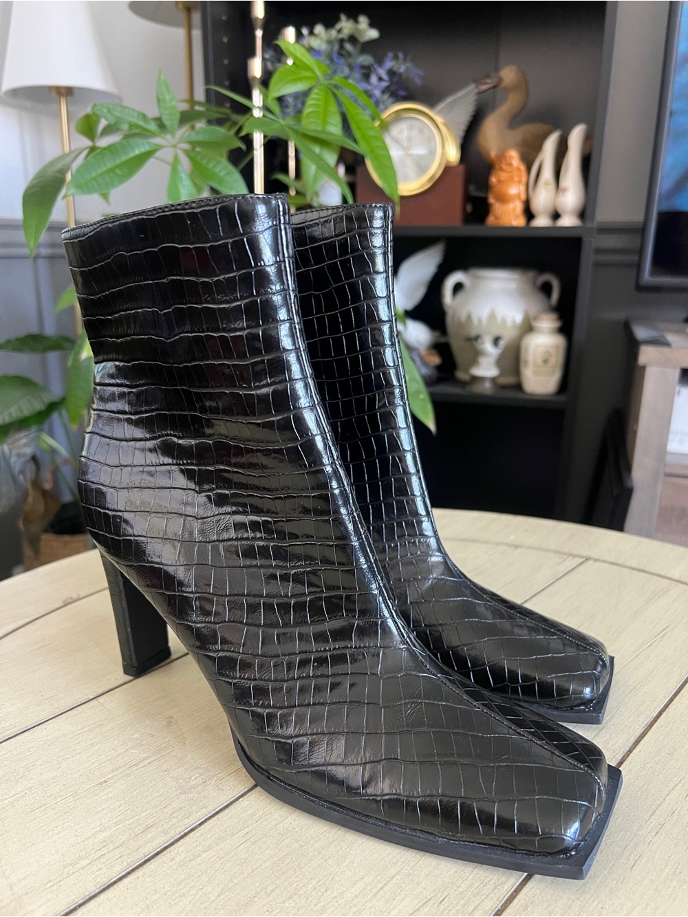 Croc Print Faux Leather Black Square Toe Block Heel Ankle Boots - Women's Size 8